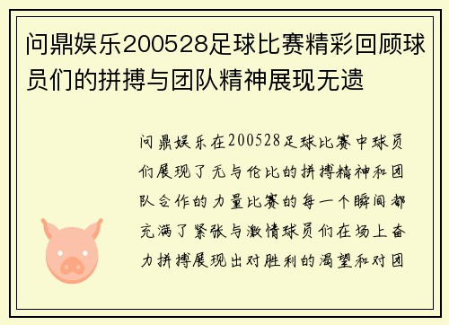 问鼎娱乐200528足球比赛精彩回顾球员们的拼搏与团队精神展现无遗