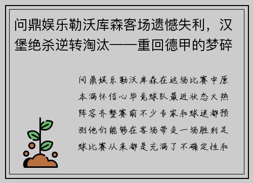问鼎娱乐勒沃库森客场遗憾失利，汉堡绝杀逆转淘汰——重回德甲的梦碎
